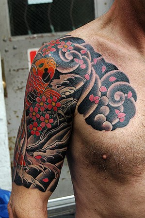 Tattoos - Dana Helmuth - koi and sakura half sleeve and chest 