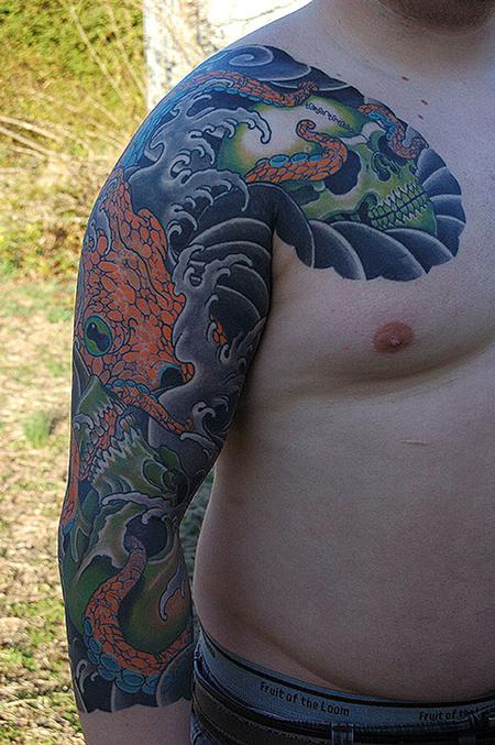 Dana Helmuth - octopus and two skull sleeve and chest panel with water