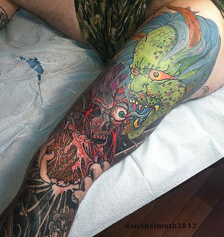 koi and chrysanthemum leg half sleeve tattoo by Dana Helmuth: TattooNOW