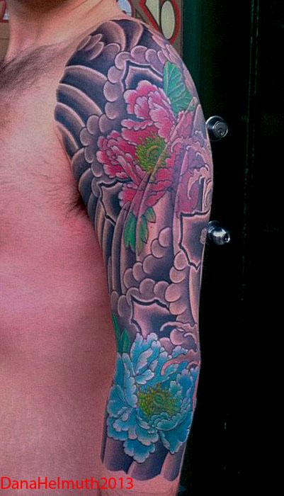 koi and chrysanthemum leg half sleeve tattoo by Dana Helmuth: TattooNOW