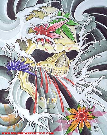 Art Galleries - Dana Helmuth - skull with water clouds and fallen maple leaves