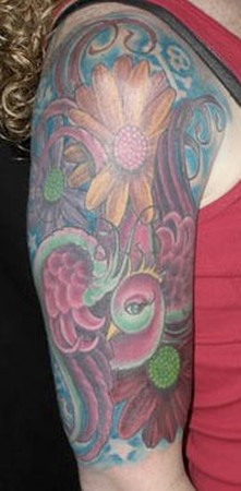 Tattoos - Obie Hughes - Bird and Flower Half-sleeve