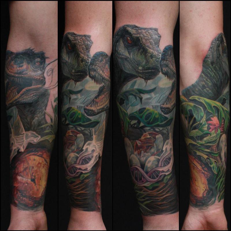 jurassic park sleeve in progress by dennis wehler tattoonow jurassic park sleeve in progress by dennis wehler tattoonow