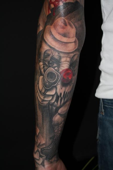 Tattoos Dennis Wehler Horror Clown gangster sleeve