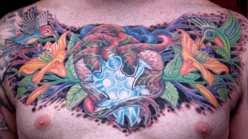 chest tattoo. collaboration chest tattoo