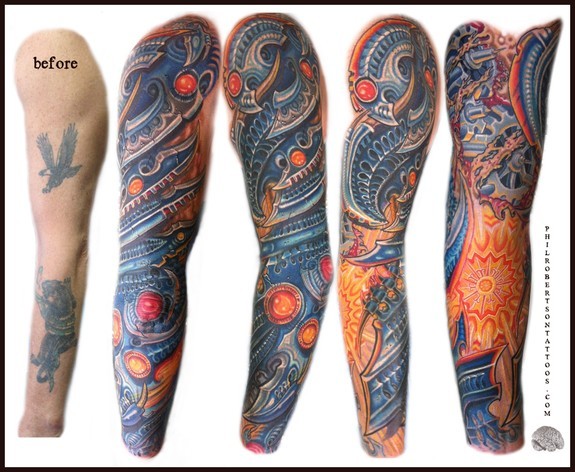 biomech sleeve coverup tattoo