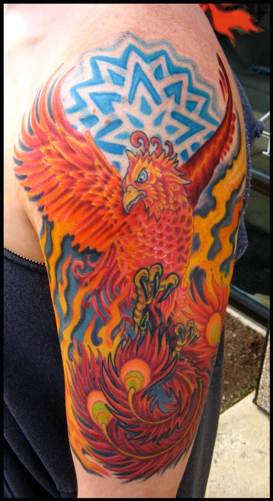 Color Phoenix half sleeve tattoo Done in three sessions on a rad dude that