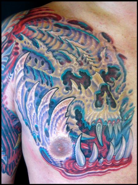 Color bioorganic skull tattoo