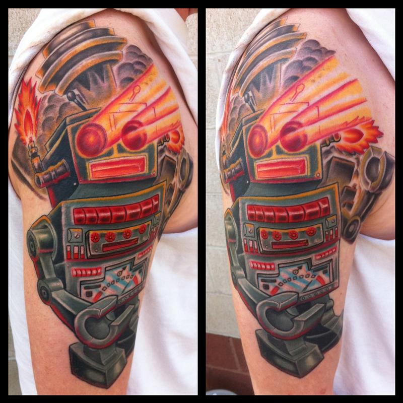 New School Robot Tattoo | vintage robot color tattoo by phil robertson tattoonow New School Robot Tattoo | vintage robot color tattoo by phil robertson tattoonow