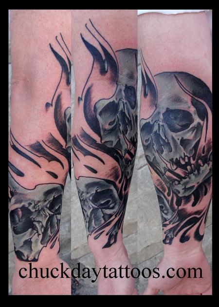 Skull And Flame Sleeve Tattoos