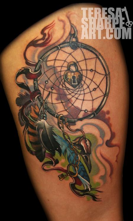 Dreamcatcher Tattoo on thigh done at Studio 13