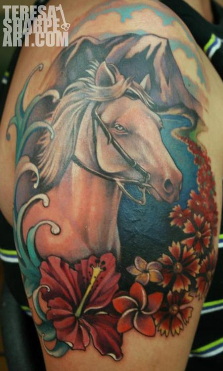 Teresa Sharpe - Horse Tattoo with Hawaiian Flowers
