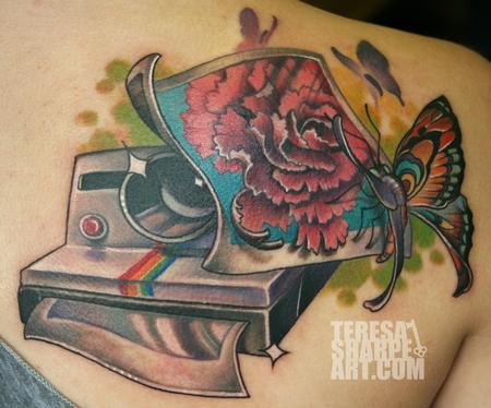 Polaroid Camera Carnation and Butterfly Tattoo