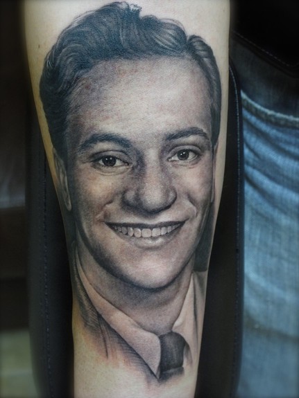 Shane ONeill - realistic black and gray portrait tattoo of grandfather 