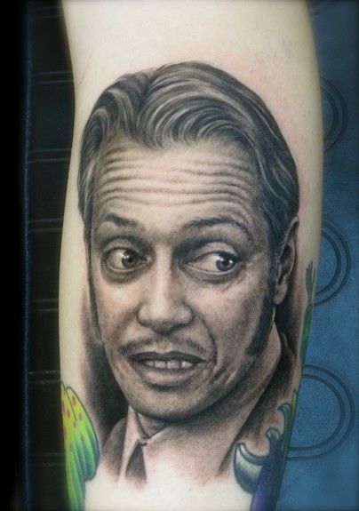 Shane ONeill - realistic black and gray portrait tattoo of Steve Buscemi