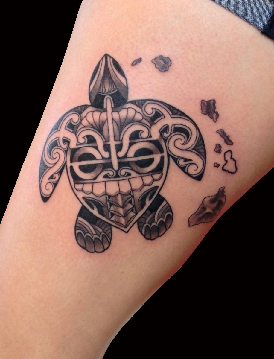 Tiki Turtle With Hawaiian Islands By Trevor Kennedy Tattoonow