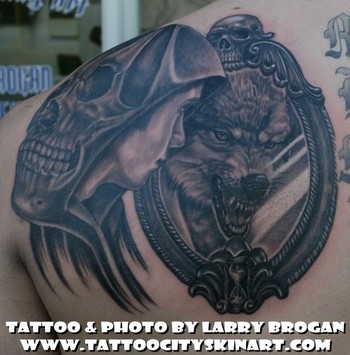 Looking for unique Larry Brogan Tattoos Of Wolf and Man
