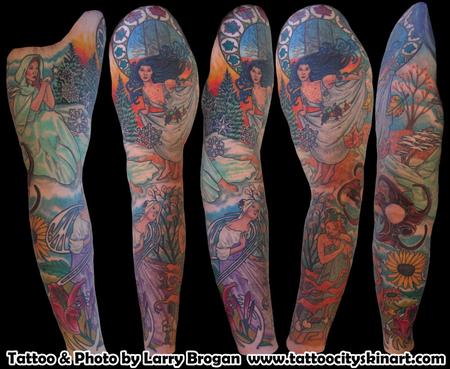 Larry Brogan - Four Seasons Mucha inspired color sleeve tattoo by Larry Brogan