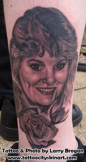 Larry Brogan - Portrait Tattoo of Joshs Mother with roses by Larry Brogan