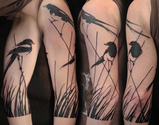 Gene Coffey Magpie Half Sleeve tattoo