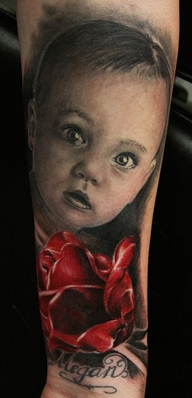 Remis Tattoo - Black and Gray Portrait with Red Rose Tattoo