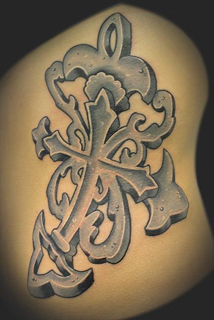 Tattoos - Fleur De Lis Stone Cross - 61903
