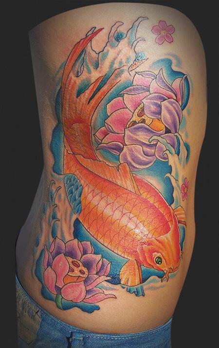 Tattoos - Color Koi with Flowers - 60815