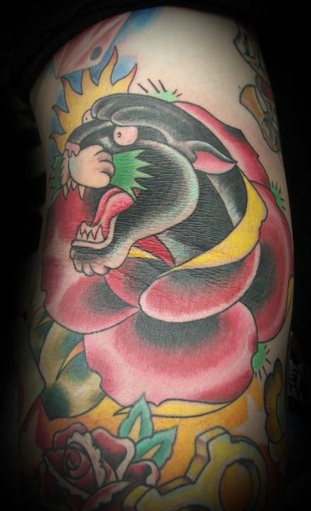 Tattoos - Traditional Style Black Panther with Rose - 60765