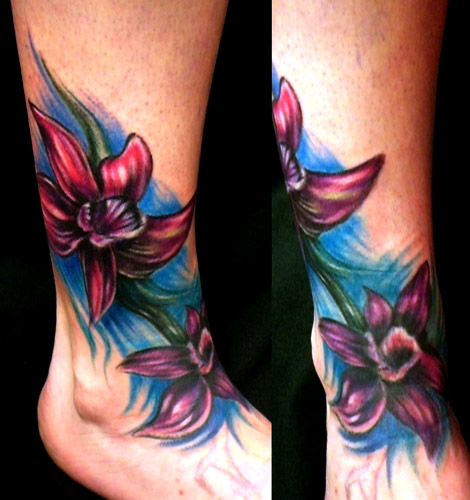 Tattooed Heart Studios Tattoos Color flowers on foot