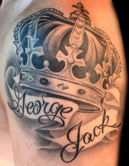 Tattoos by Audi : Tattoos : Body Part Arm : Black and grey crown with banner