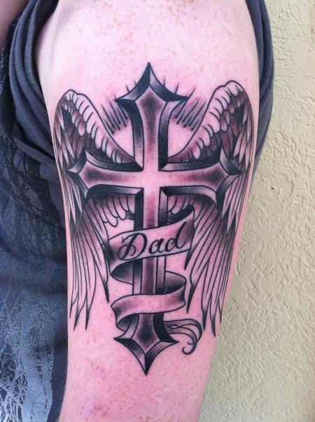 Skyler Del Drago - Dad Script, Cross, and Wings Tattoo
