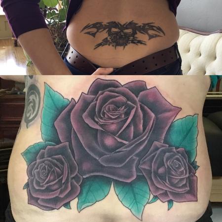 Tattoos - Color Rose Cover Up on Lower Back - 127079