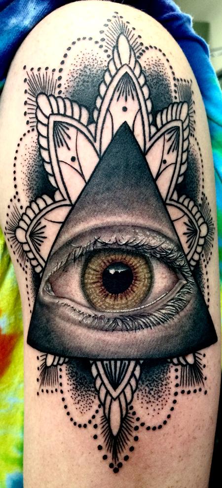 Edward Lott @ Off The Map Tattoo : Tattoos : Body Part Arm : Hazel All- Seeing-Eye surrounded by blackwork