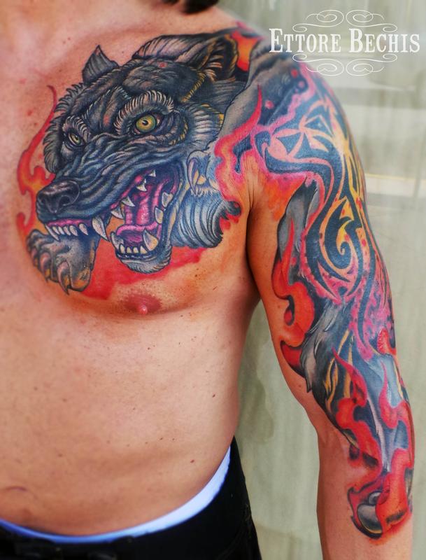 wolf chest fullsleeve by ettore bechis tattoonow wolf chest fullsleeve by ettore bechis tattoonow