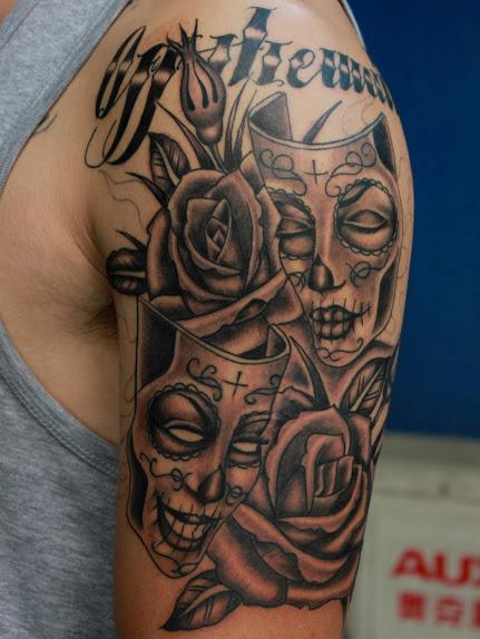 Tattoos - Black and Grey Mask Tattoo - 100757