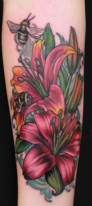 Katelyn Crane - Lillies and bees tattoo