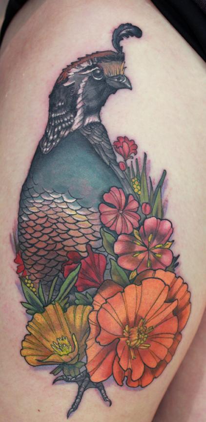 Katelyn Crane - Quail and California wild flowers tattoo