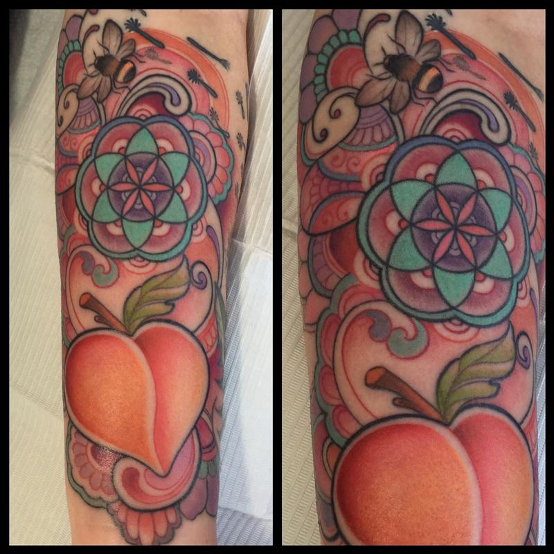 colorful peach forearm tattoo by laura jade tattoos colorful peach forearm tattoo by laura jade tattoos