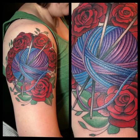 Ball of yarn with roses Tattoo Design Thumbnail