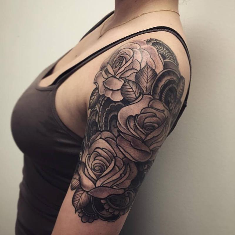 black and grey roses with henna inspired background by black and grey roses with henna inspired background by