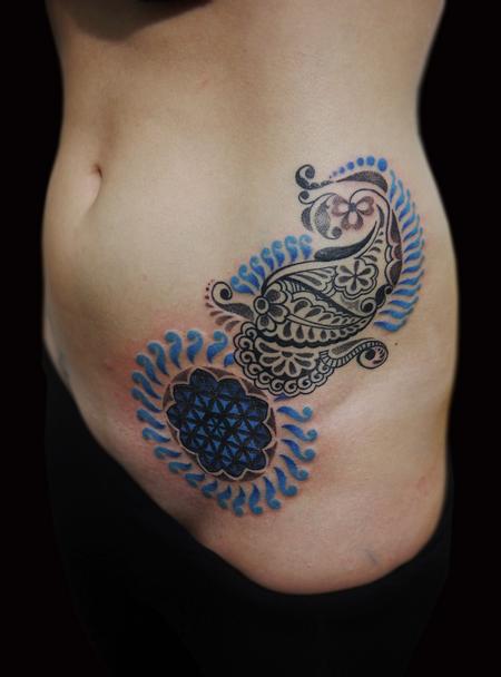 bongo style dotwork linework traditional indian custom paisley flower of life tattoo Design Thumbnail