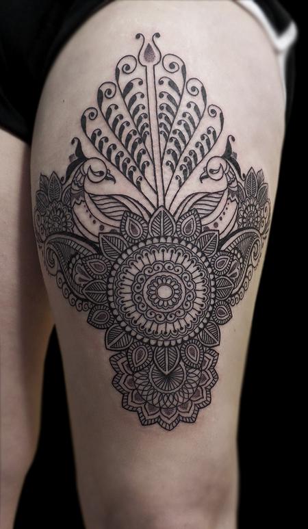 linework dotwork traditional indian style bongo style custom peacock mandala tattoo Design Thumbnail