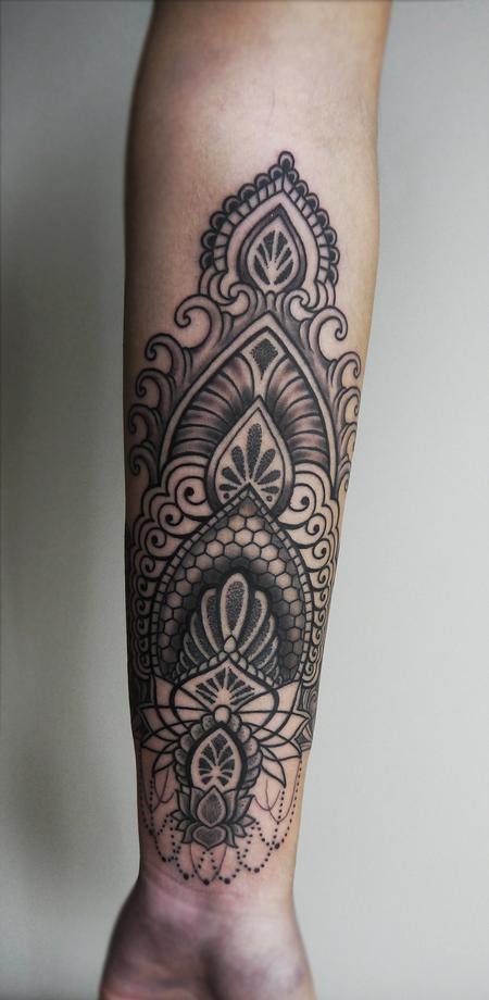 Tattoos - dotwork linework indian traditional ornamental tattoo on the forearm - 125823