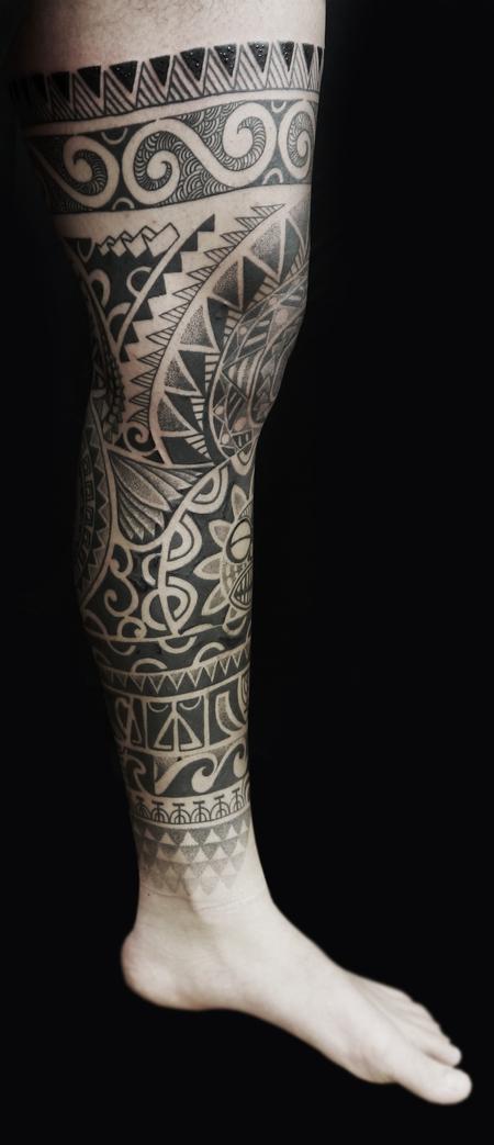 Tattoos - dotwork maori polynesian fusion leg sleeve - 126120