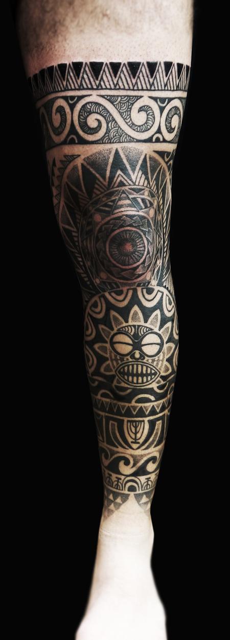 Tattoos - dotwork maori polynesian fusion leg sleeve 3 - 126122