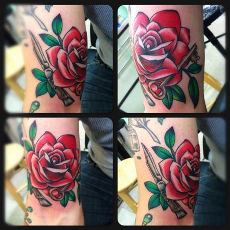 Tattoos - Neo-Traditional rose with key and blade  - 65239