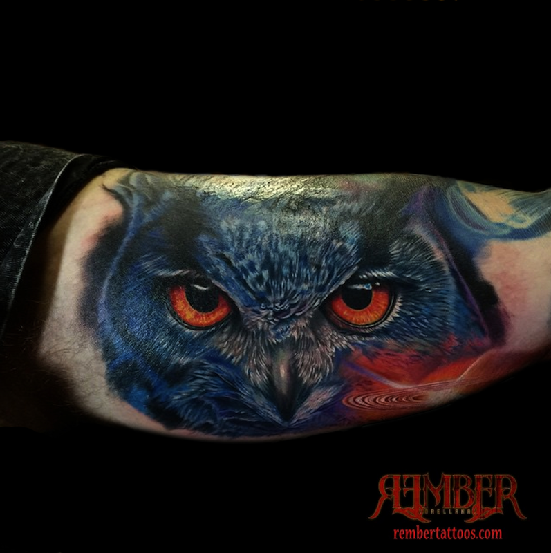 realistic color owl portrait by rember dark age tattoo realistic color owl portrait by rember dark age tattoo