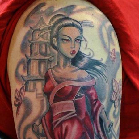 Tattoos - geisha katana pagoda - 77663