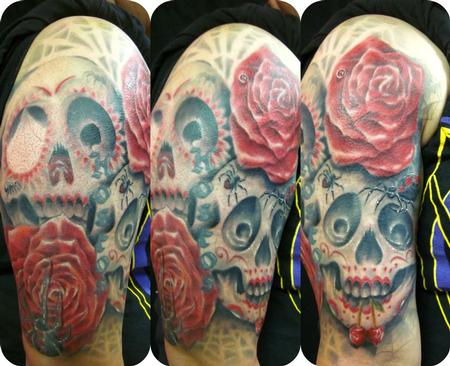 Tatto Sleves on Mathew Delamort Roses Sugar Skulls Cherries Spider Sleeve