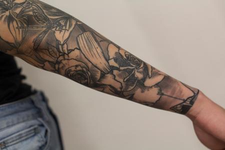 Tattoos - roses and floral sleeve blackwork tattoo - 133129